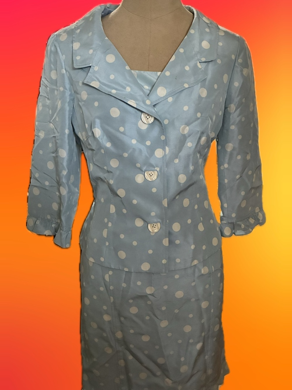 Vintage neiman Marcus  Ricki freeman Teri Jon Light Blue Polka Dot Skirt Suit